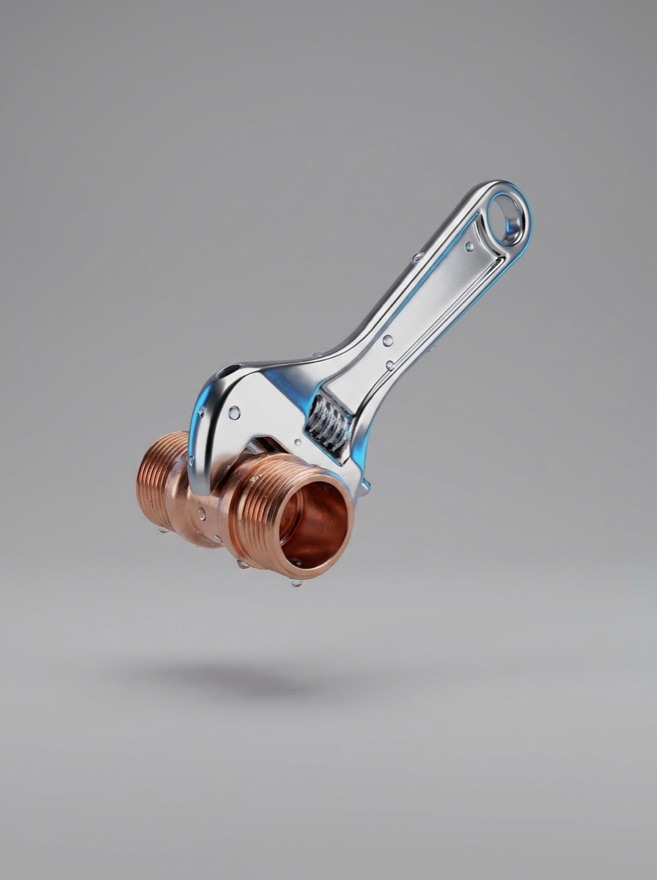 Rendu 3D d'une clé à molette serrant un raccord en cuivre