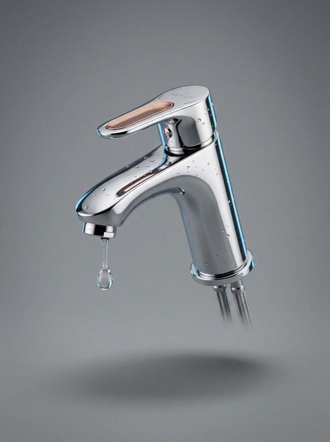 Rendu 3D d'un robinet mitigeur chromé avec goutte d'eau